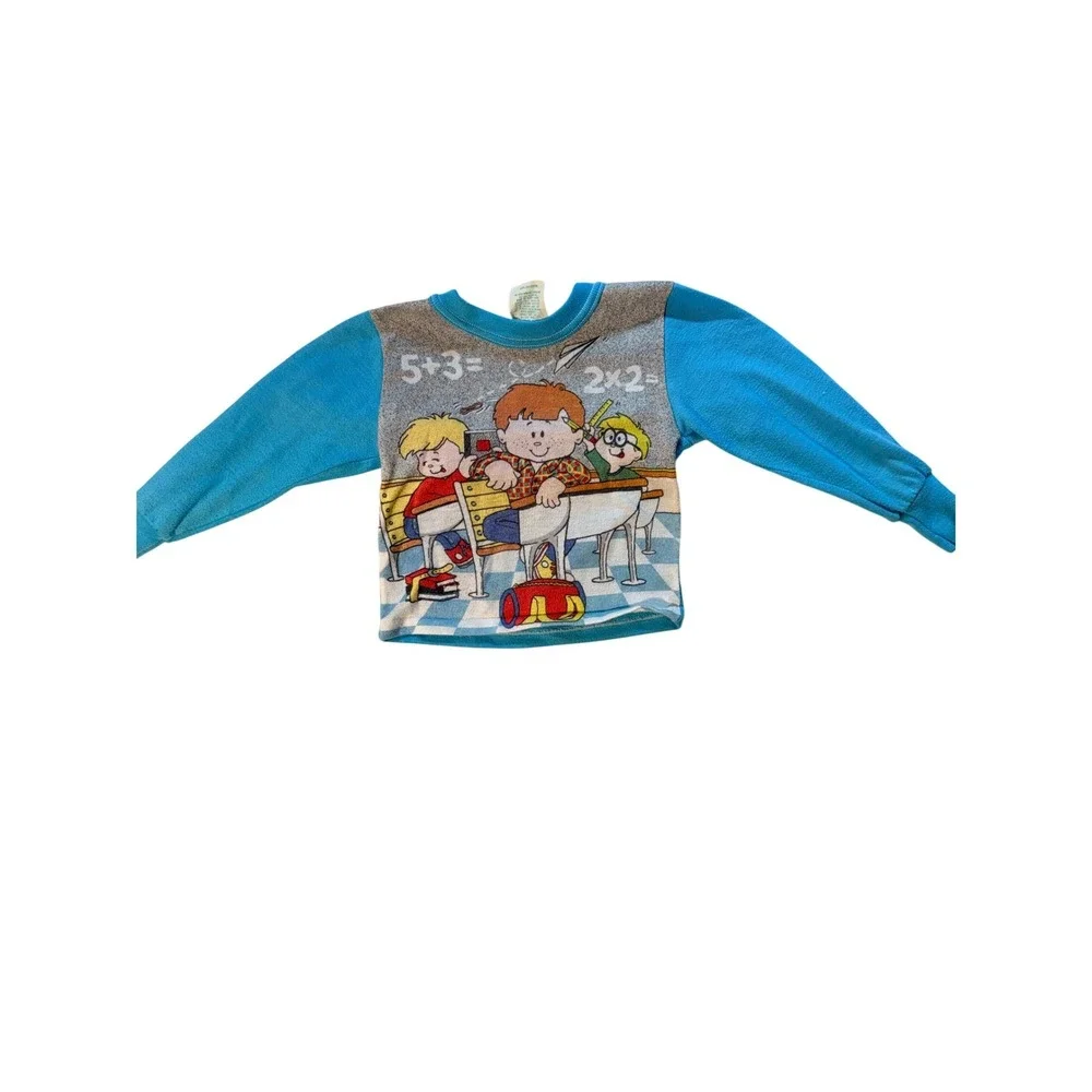 90's‎ Vintage Dr Denton Boys 3T Blue School Graphic Footed Pajama Set USA 2pc